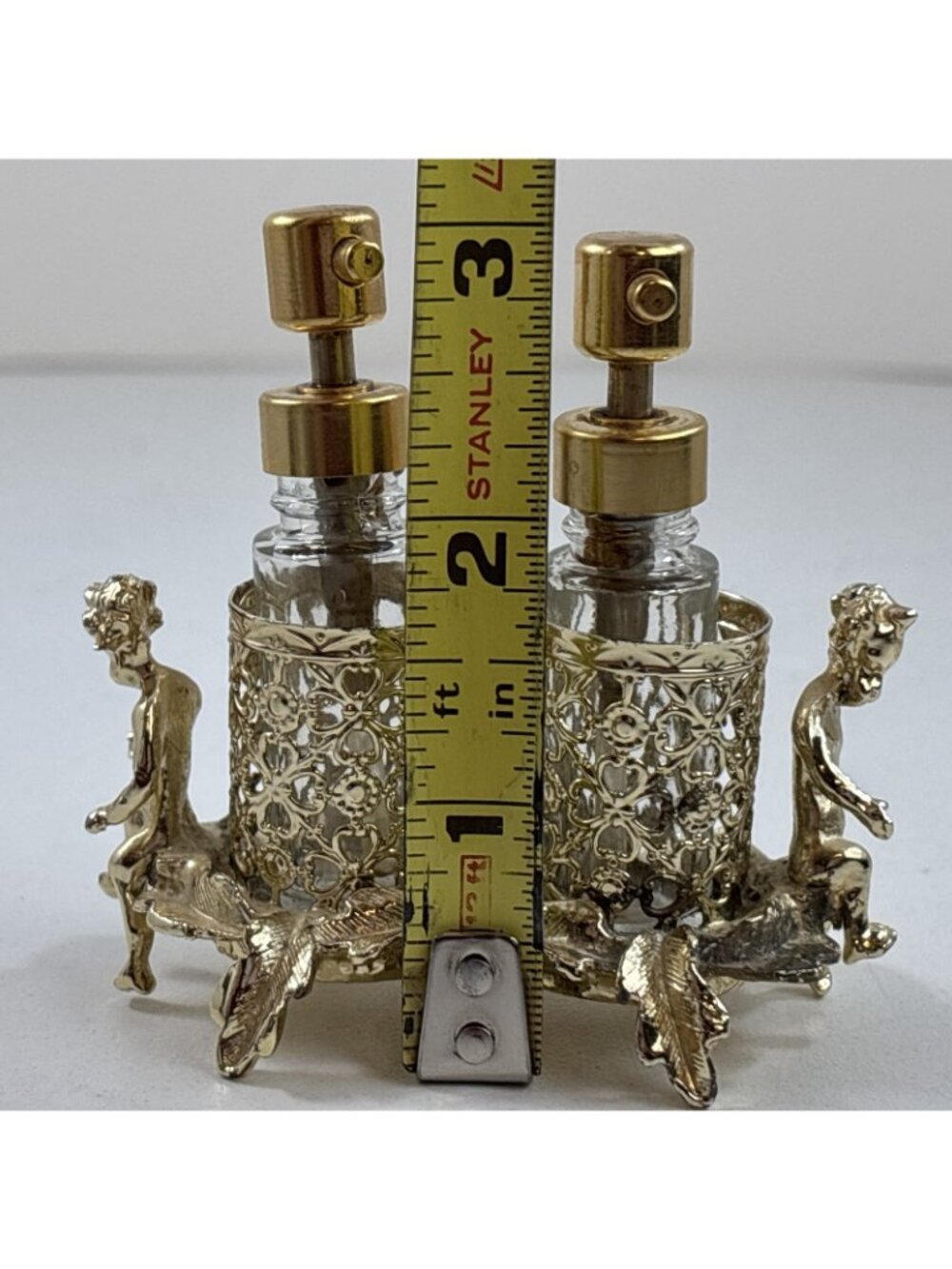 Vintage Cherub Perfume Glass Bottle Set Gold Filigree Holder SF Hollywood Reg - Picture 9 of 9